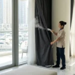 Professional steam cleaning blackout curtains in a Dubai Marina living room
