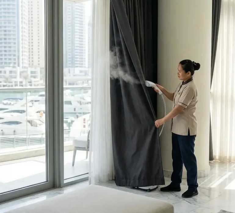Professional steam cleaning blackout curtains in a Dubai Marina living room