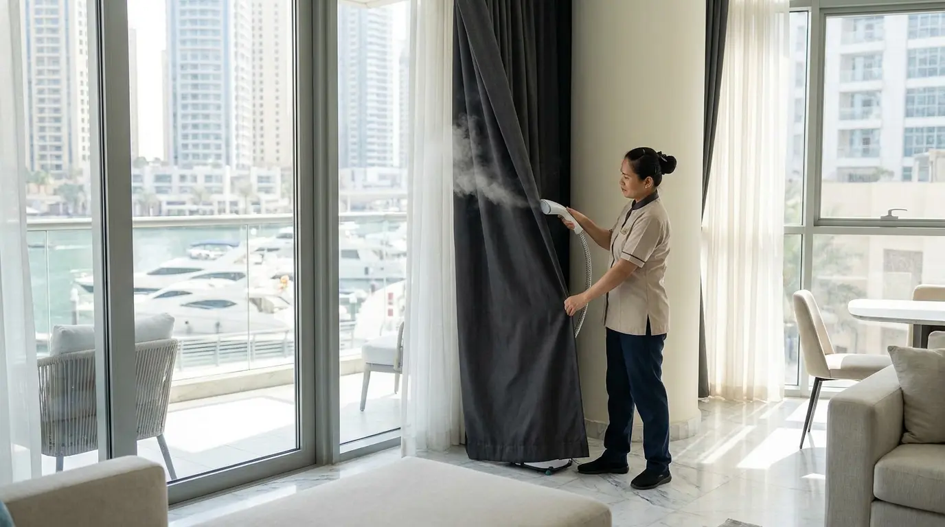 Professional steam cleaning blackout curtains in a Dubai Marina living room