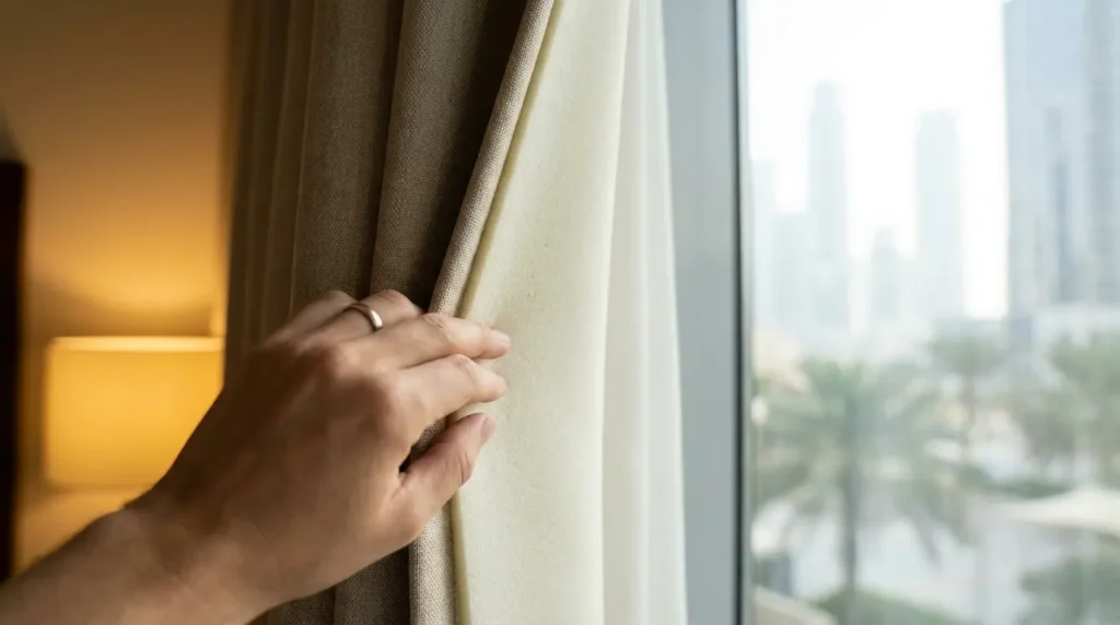 Close-up of foam-backed blackout curtain lining being checked for cleaning suitability in Dubai apartment