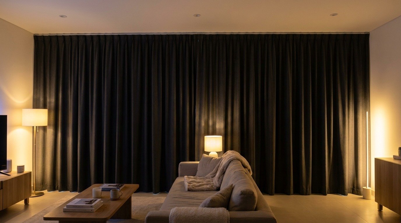 Custom blackout curtains fitted in a Dubai apartment living room