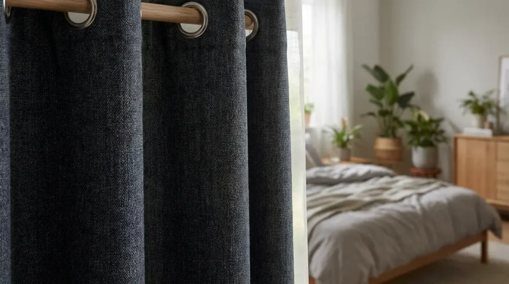 custom blackout curtains Dubai fabric texture eyelet heading