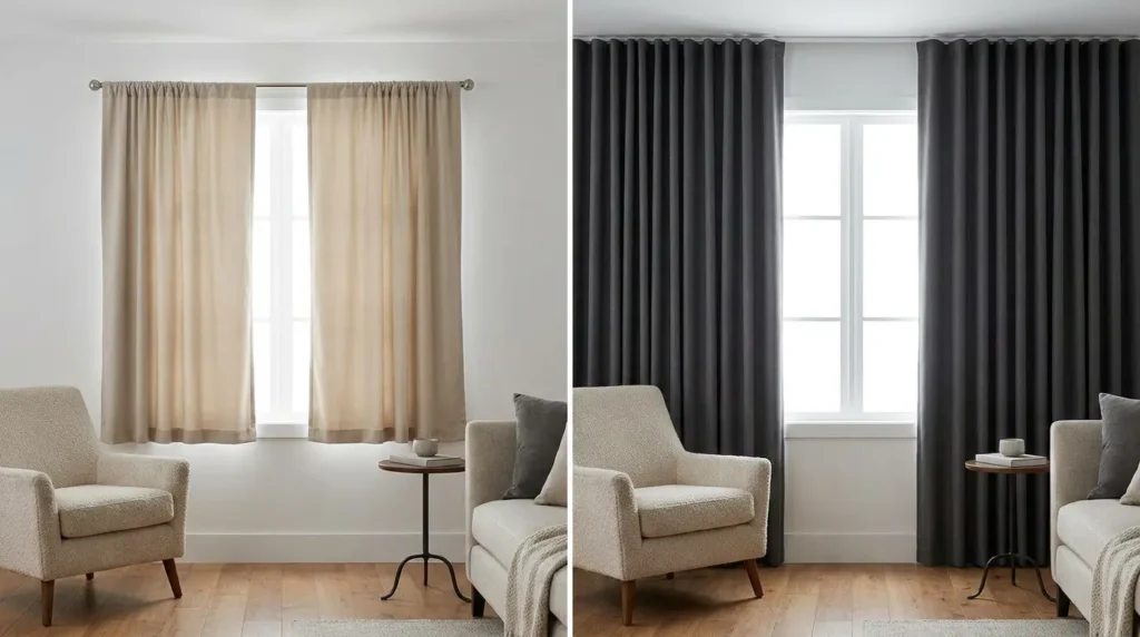 Custom blackout curtains in a Dubai living room with skyline view