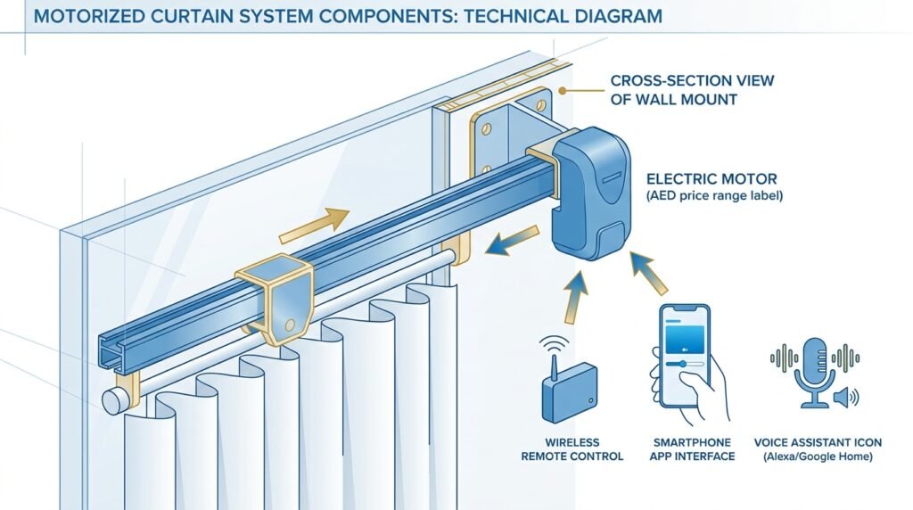 Technical diagram of motorized curtain system showing motor, track, remote control,
and smart home app integration components