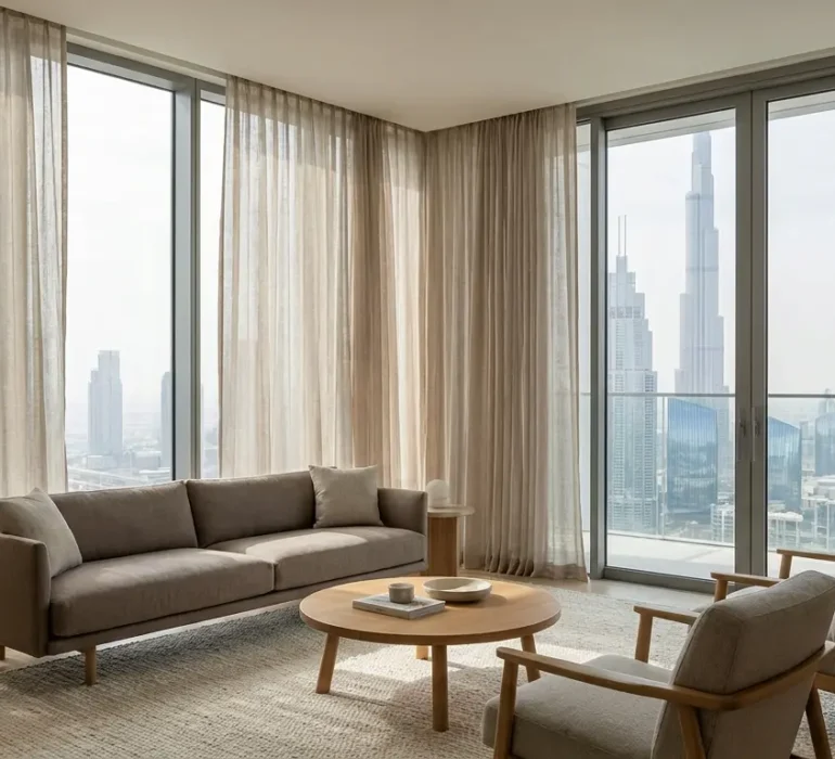 custom curtains Dubai living room floor-to-ceiling installation
