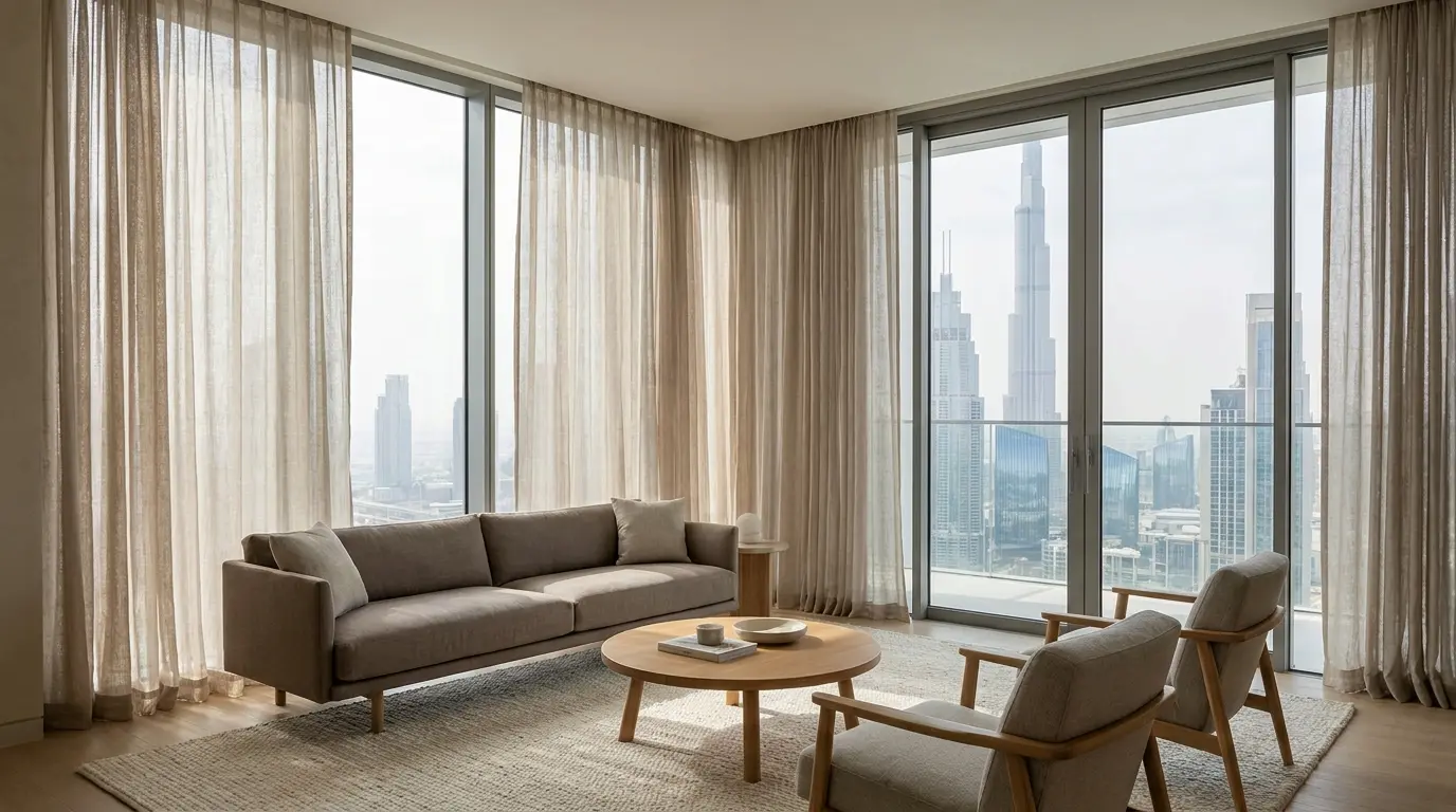 custom curtains Dubai living room floor-to-ceiling installation