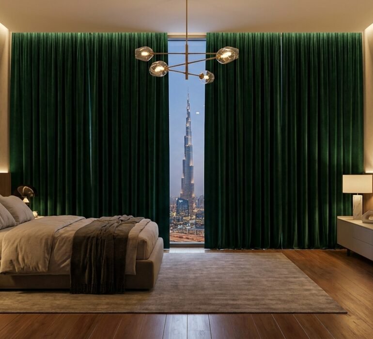 Luxury blackout velvet curtains in a Dubai bedroom