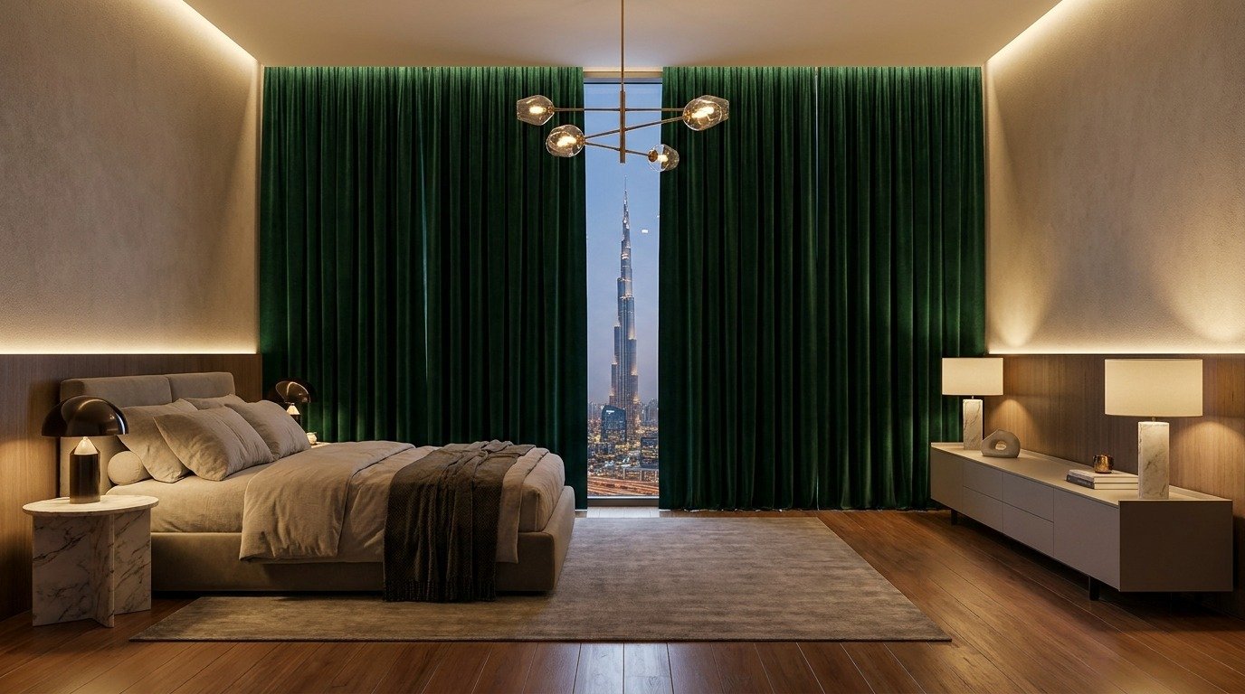 Luxury blackout velvet curtains in a Dubai bedroom