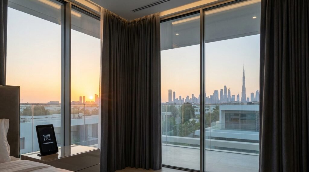 Modern motorized curtains in luxury Dubai villa closing automatically at sunset,
showing sleek aluminum track system and smart home integration