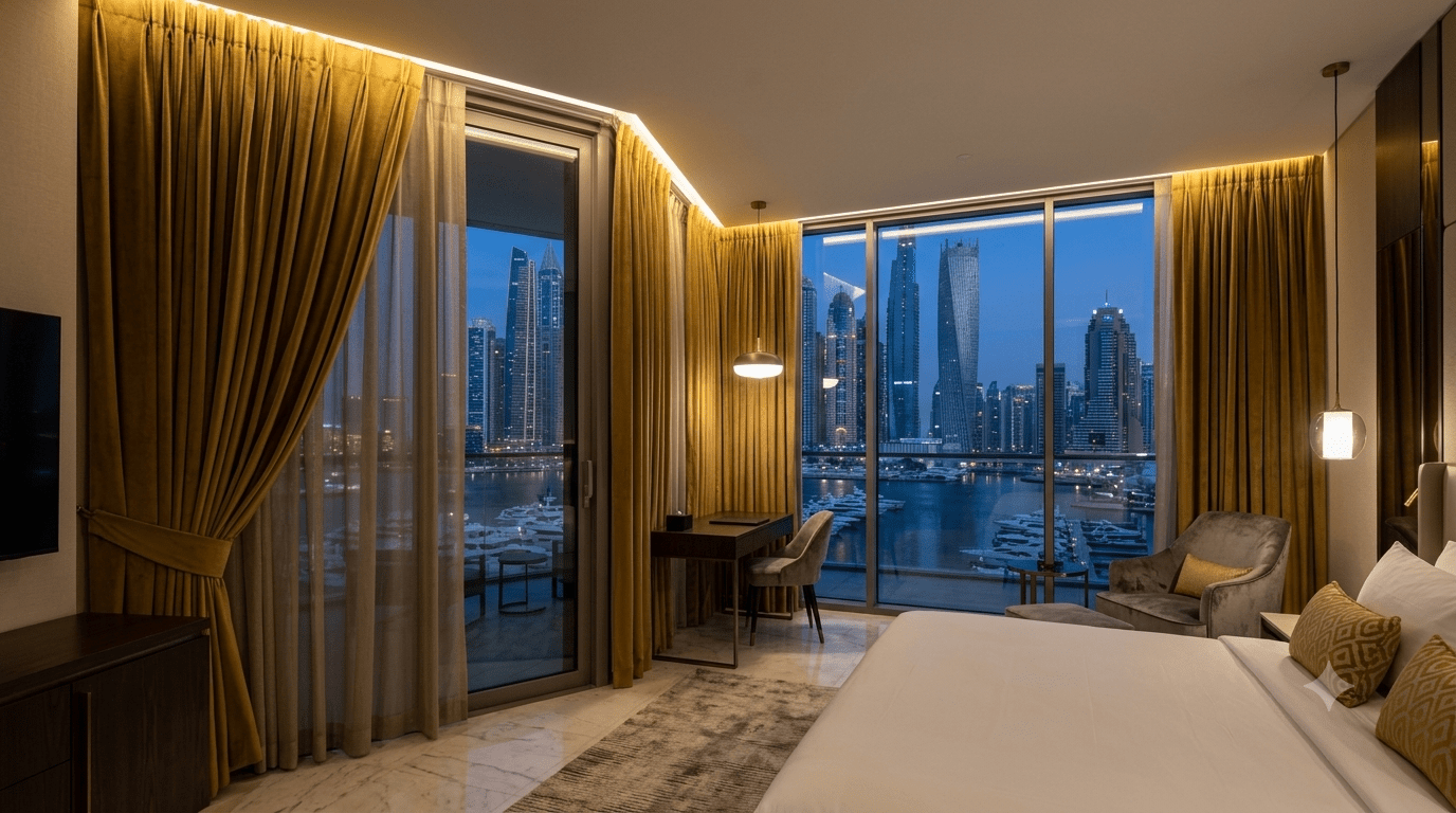 Luxury motorized blackout curtains in a Dubai hotel suite overlooking Dubai Marina