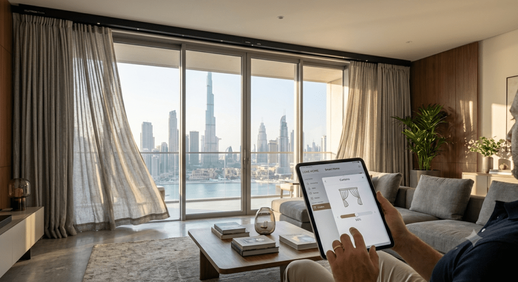 Smart motorized curtains in Dubai villa controlled via mobile app, automatically 
closing during peak afternoon heat