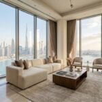 Luxury curtains Dubai living room with floor-to-ceiling velvet drapes