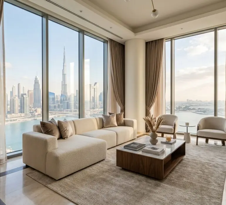 Luxury curtains Dubai living room with floor-to-ceiling velvet drapes