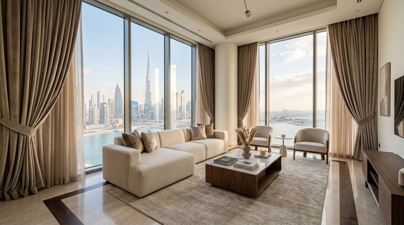 Luxury curtains Dubai living room with floor-to-ceiling velvet drapes