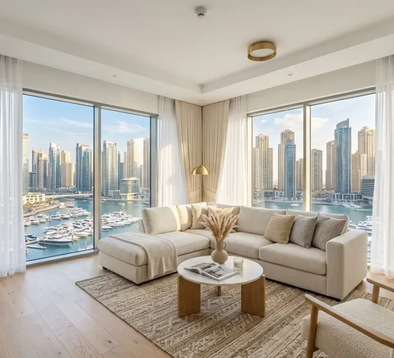 Ivory curtains for white walls in a bright Dubai Marina apartment living room
