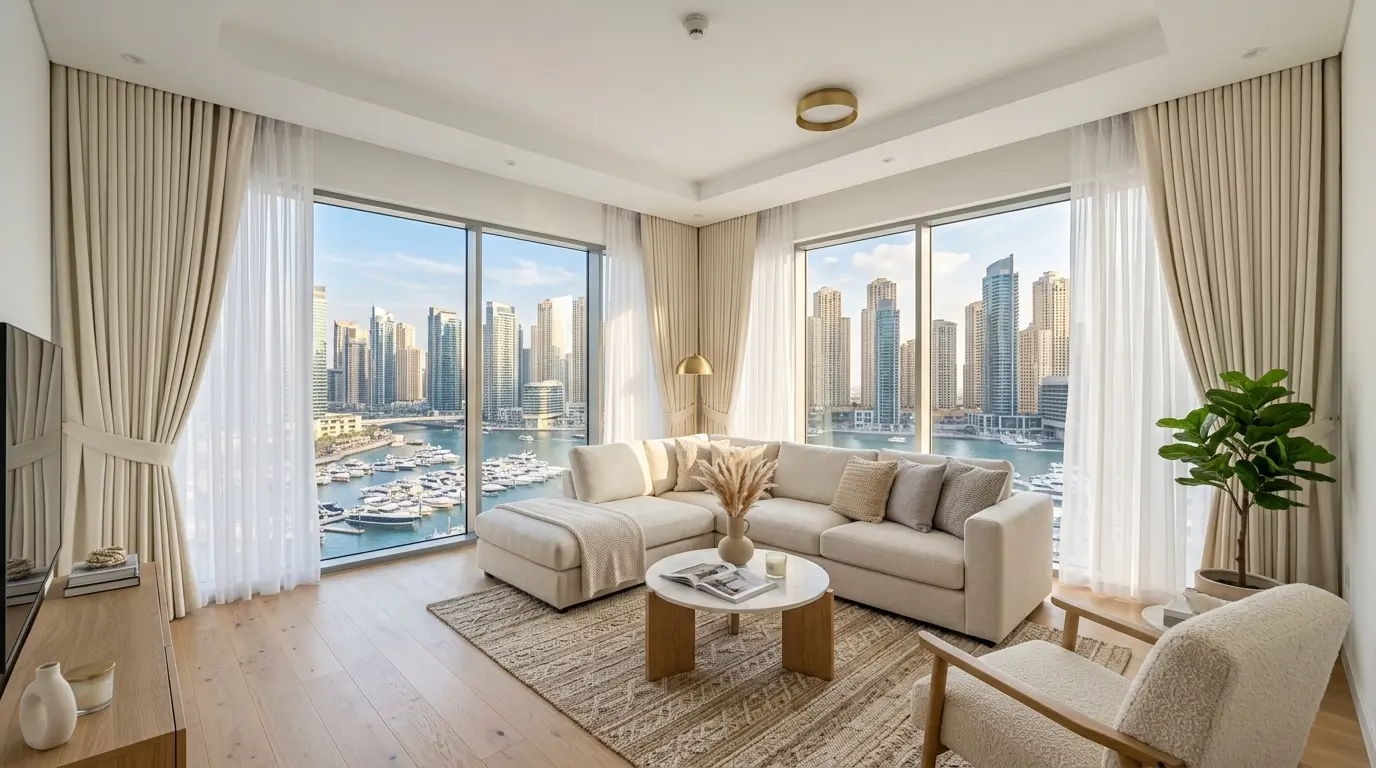 Ivory curtains for white walls in a bright Dubai Marina apartment living room