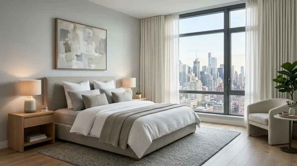 White curtains with grey walls