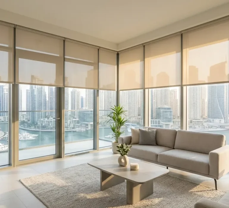 Light-filtering roller blinds in a modern Dubai Marina apartment living room