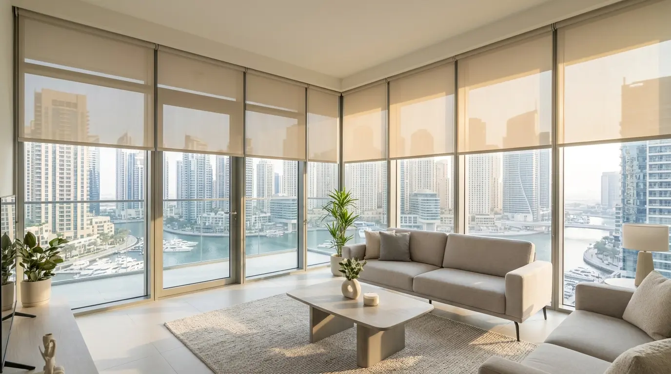 Light-filtering roller blinds in a modern Dubai Marina apartment living room
