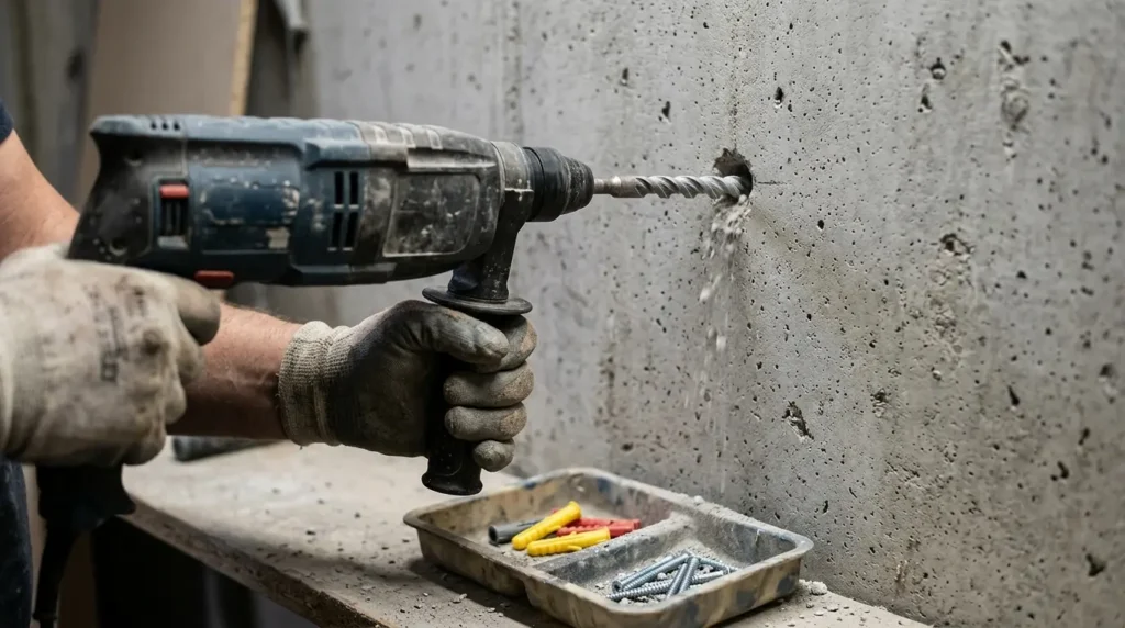 Drill and wall plug for installing a curtain rod on a concrete wall