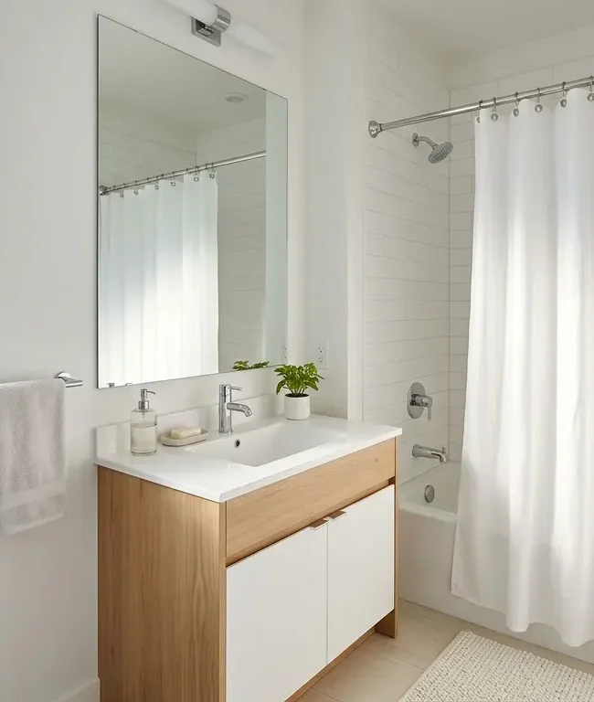 Clean white shower curtain hanging in a bright modern Dubai apartment bathroom