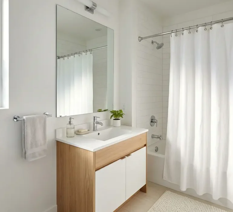 Clean white shower curtain hanging in a bright modern Dubai apartment bathroom