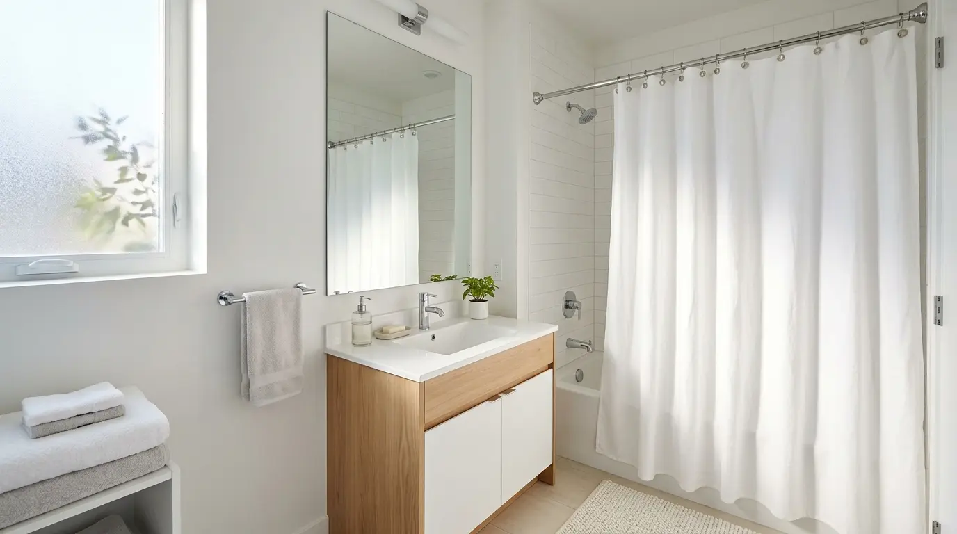 Clean white shower curtain hanging in a bright modern Dubai apartment bathroom