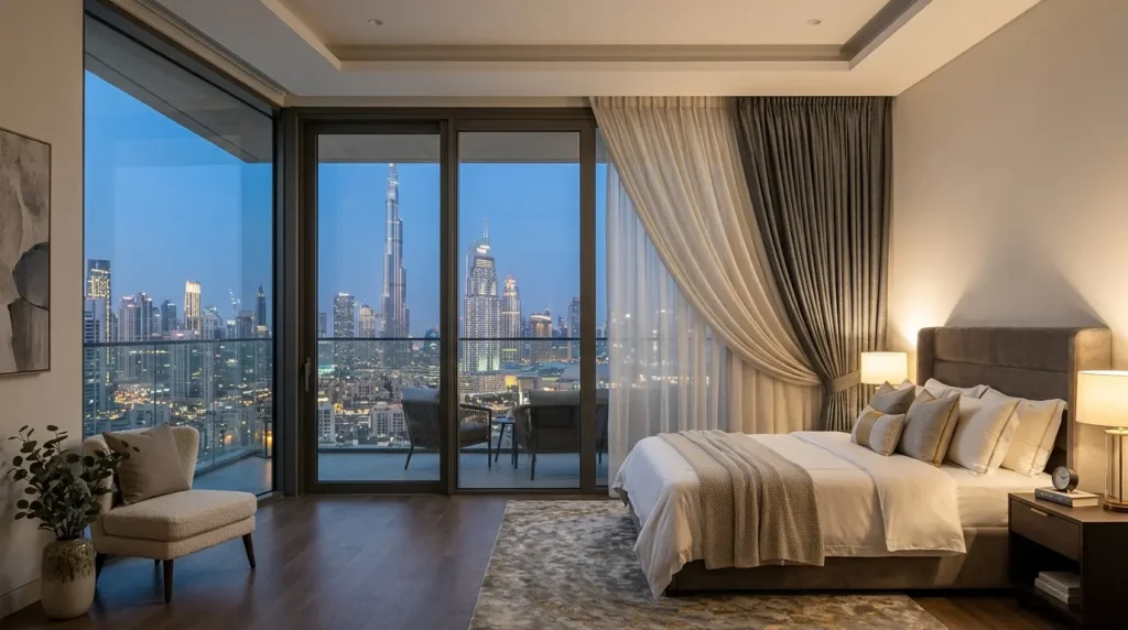 Layered sheer and blackout curtains on a ceiling track for a sliding glass door in a Dubai apartment