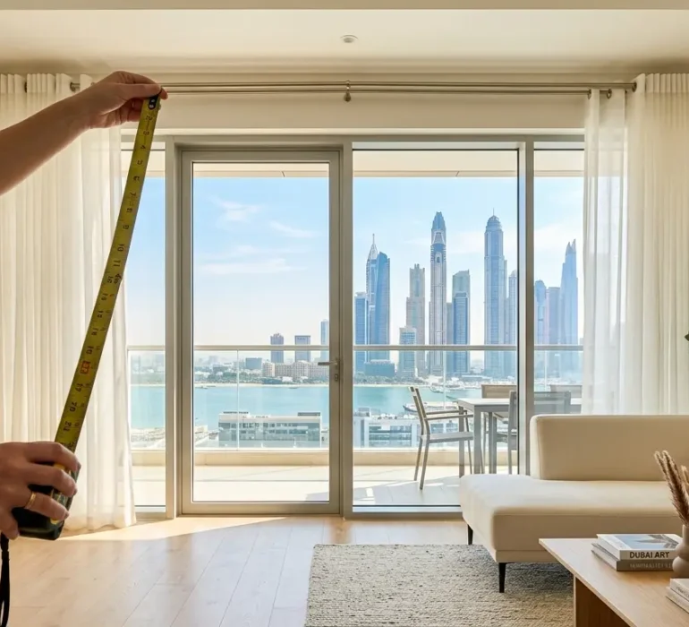 Measuring rod height to floor for sliding glass door curtains in a Dubai apartment