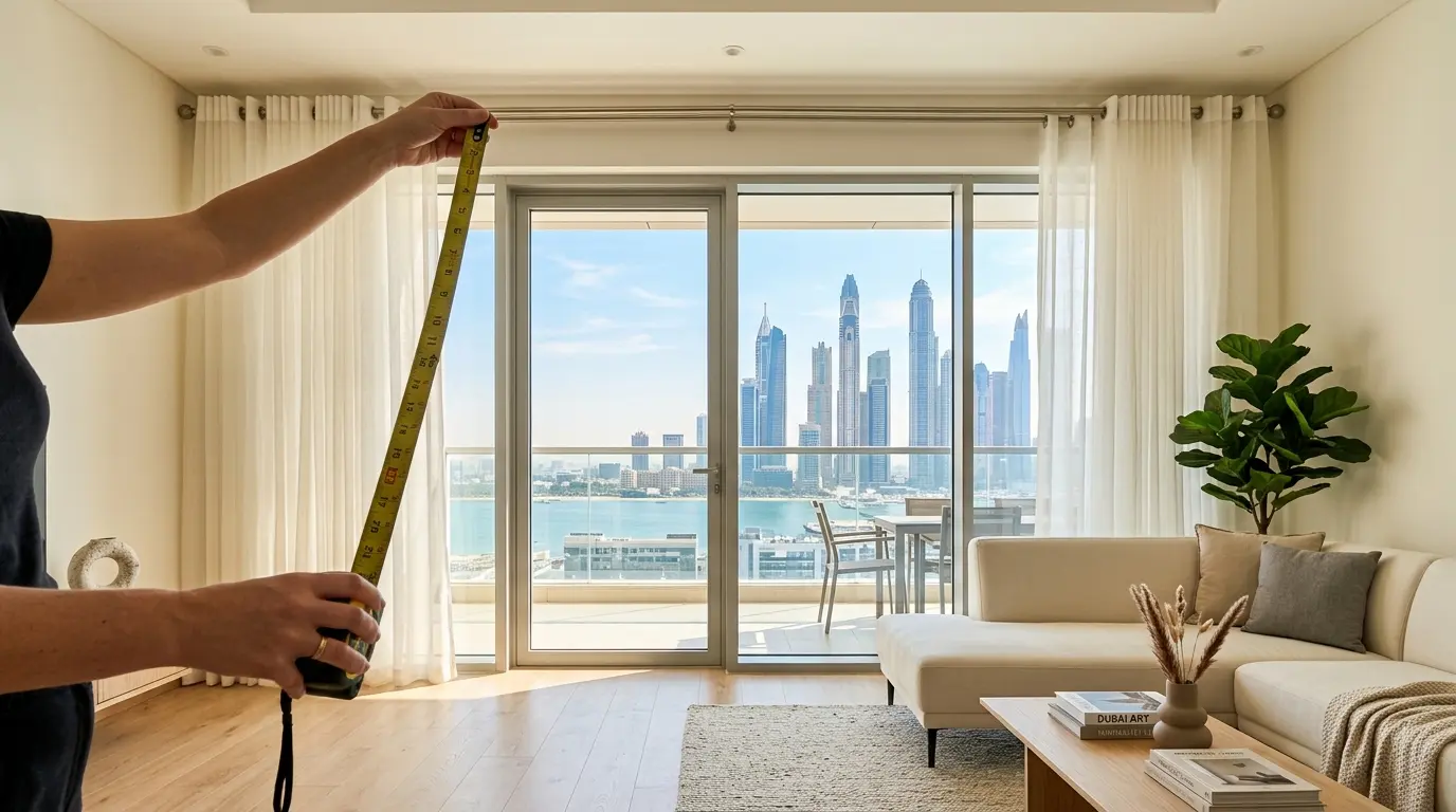 Measuring rod height to floor for sliding glass door curtains in a Dubai apartment