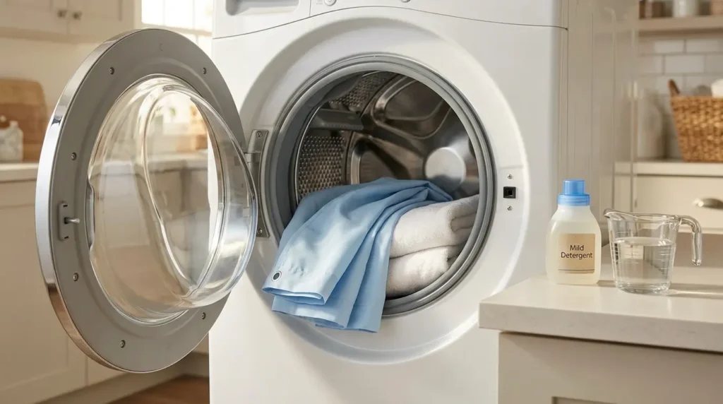Shower curtain and bath towels loaded in a washing machine drum